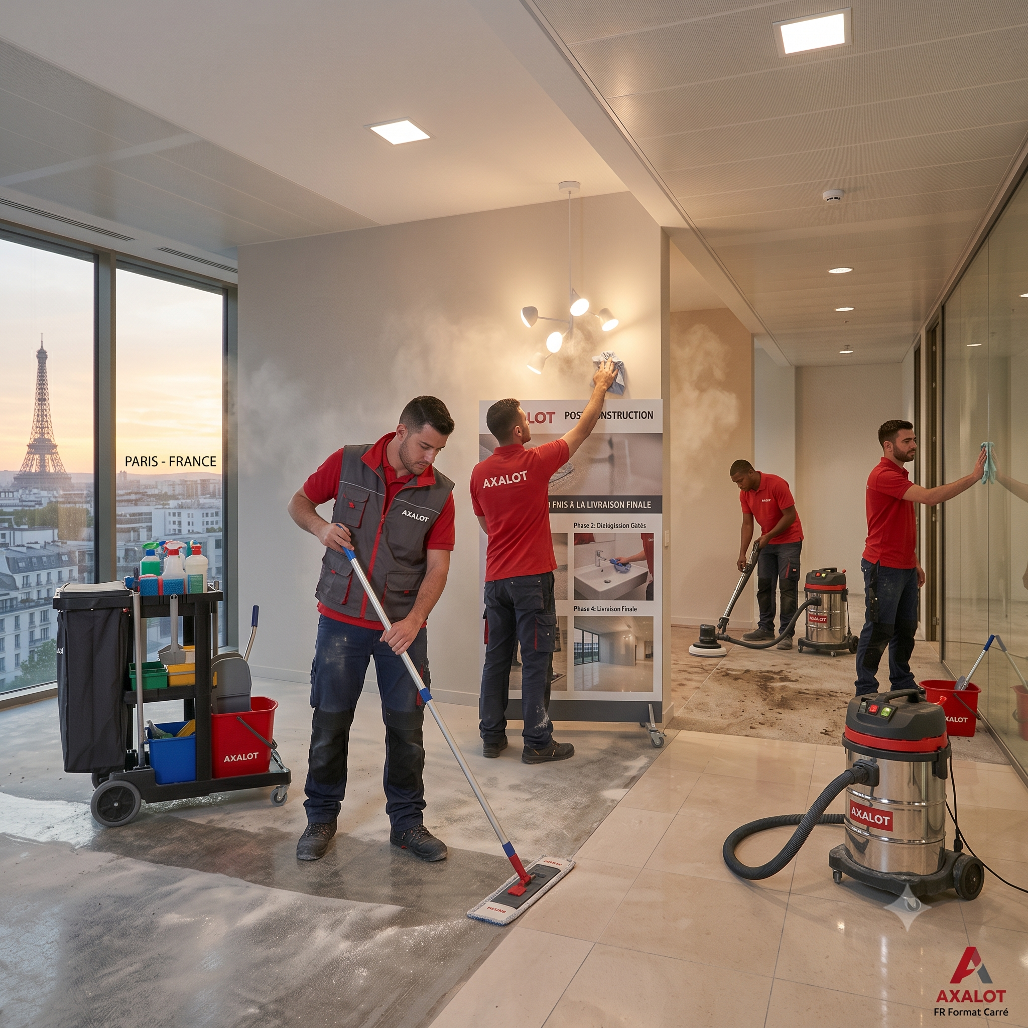 Nettoyage de fin de chantier par Axalot : élimination des résidus de plâtre et ciment, aspiration industrielle et dépoussiérage des sols. Des locaux propres et prêts à l'emploi.