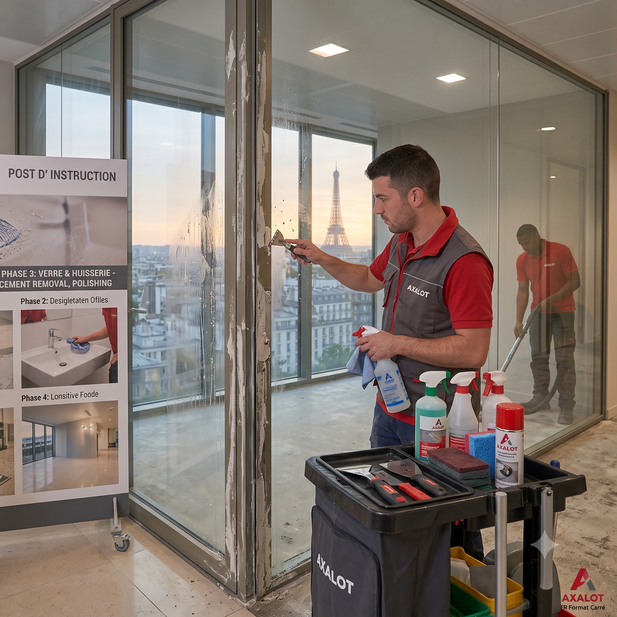 Nettoyage de vitres après travaux par Axalot : grattage des résidus de peinture et de colle, lavage des châssis et huisseries. Une transparence parfaite après votre chantier.