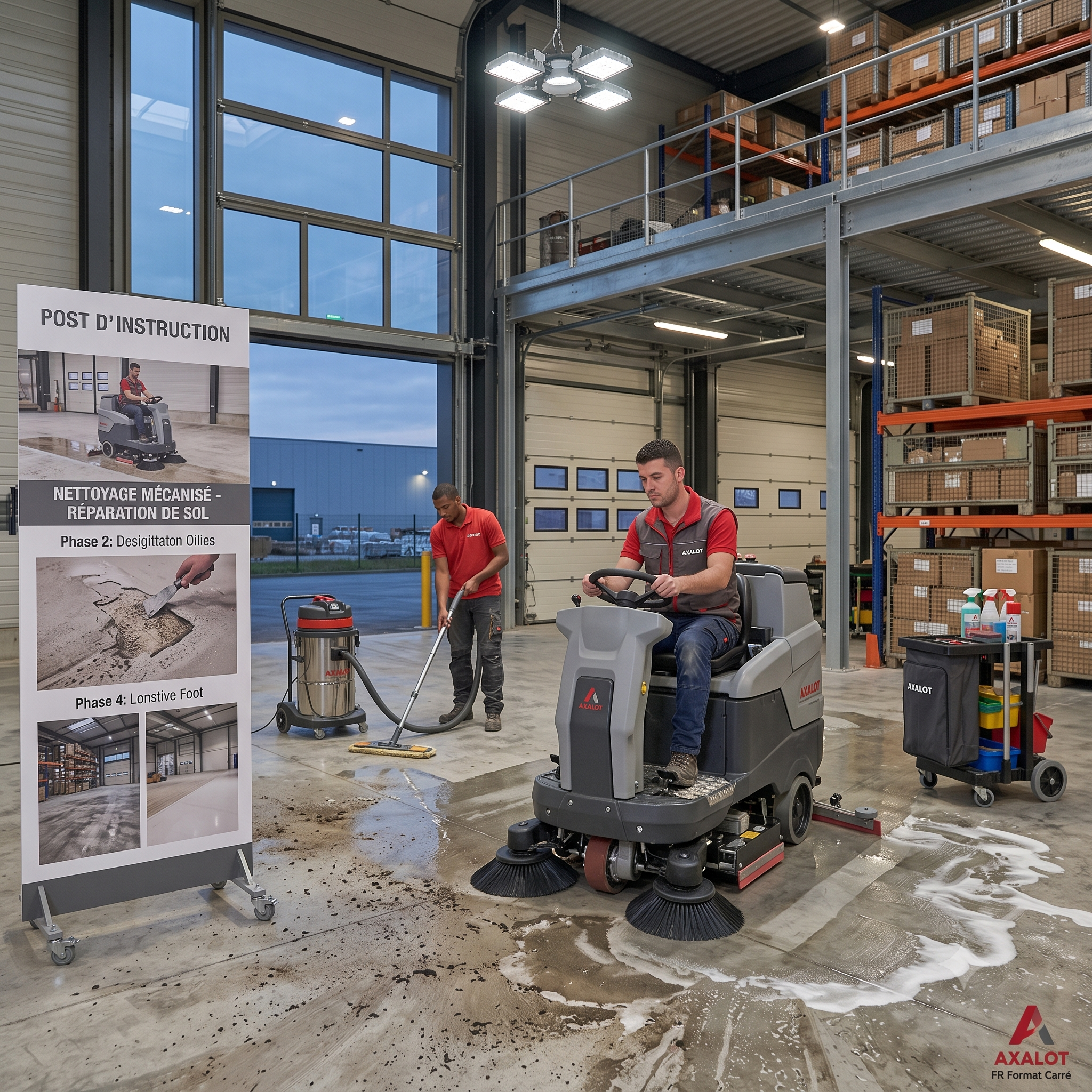 Nettoyage fin de chantier par Axalot : aspiration industrielle des débris, essuyage des surfaces et lavage des sols. Idéal pour locaux professionnels, bureaux et plateformes.