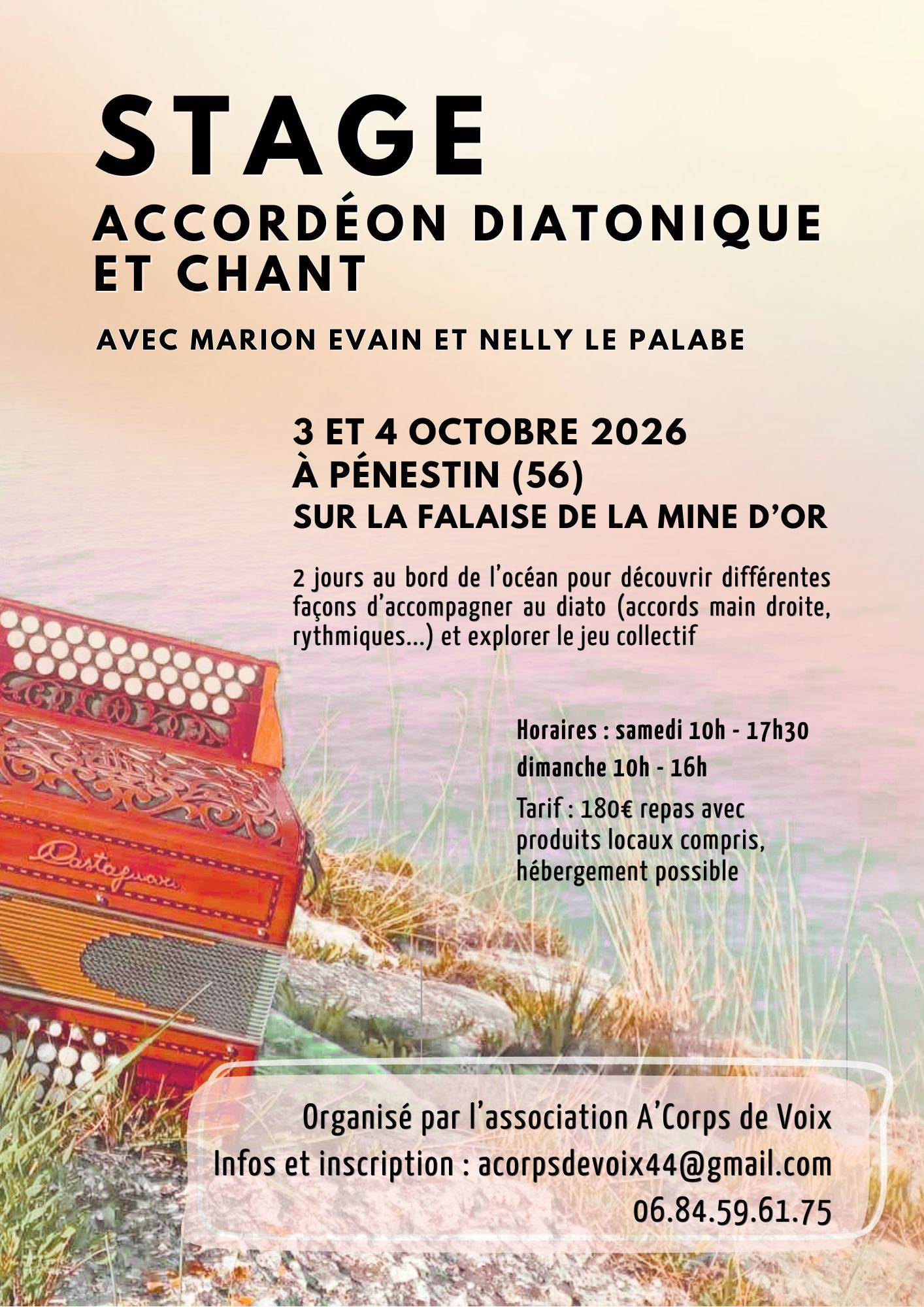 stage accordéon diatonique et chant avec Marion Evain Pénestin Morbihan océan