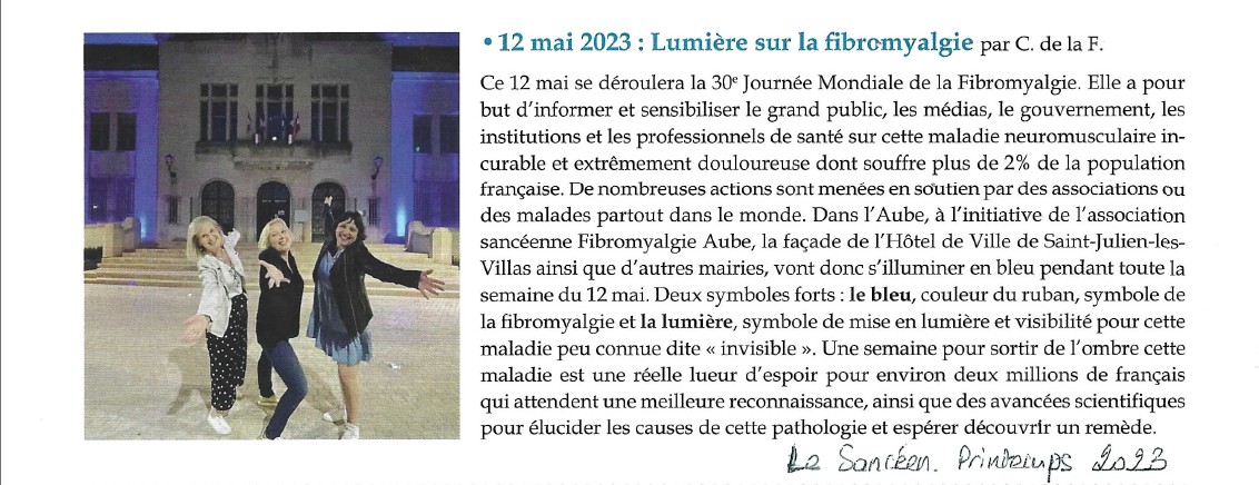 Article dans le magazine municipal Le Sancéen, pour le 12 mai 2023, la 30ème Journée Mondiale de la Fibromyalgie dans l'Aube.
