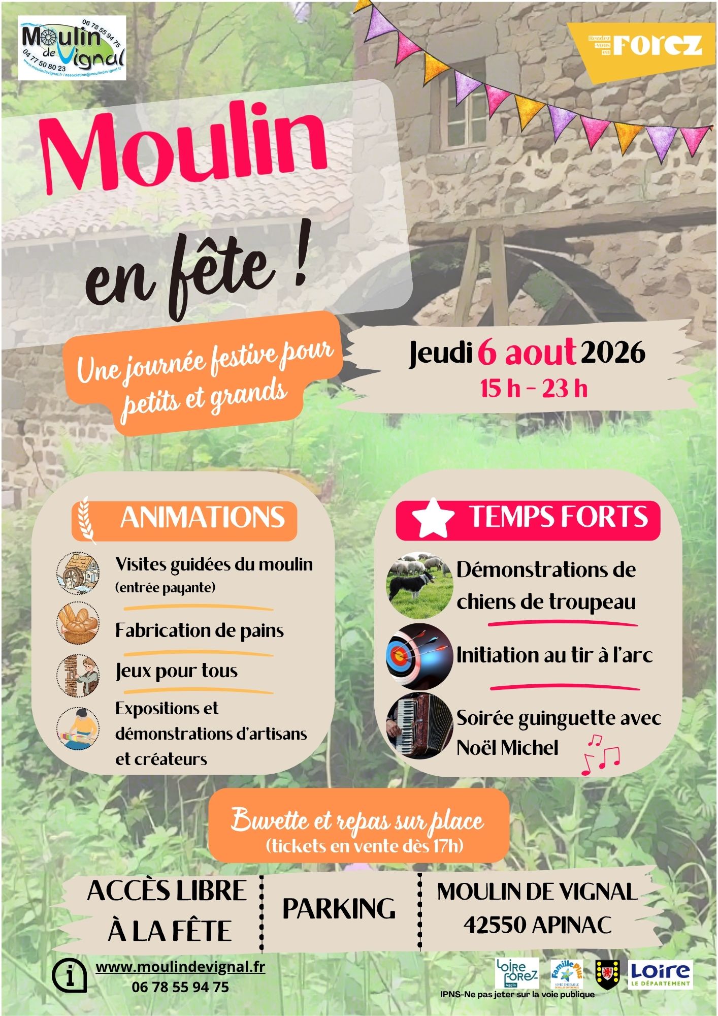 Animations, familles, moulin de Vignal, moulin à eau, fête, guinguette, jeux, démonstrations, pains, artisans, créateurs, artistes