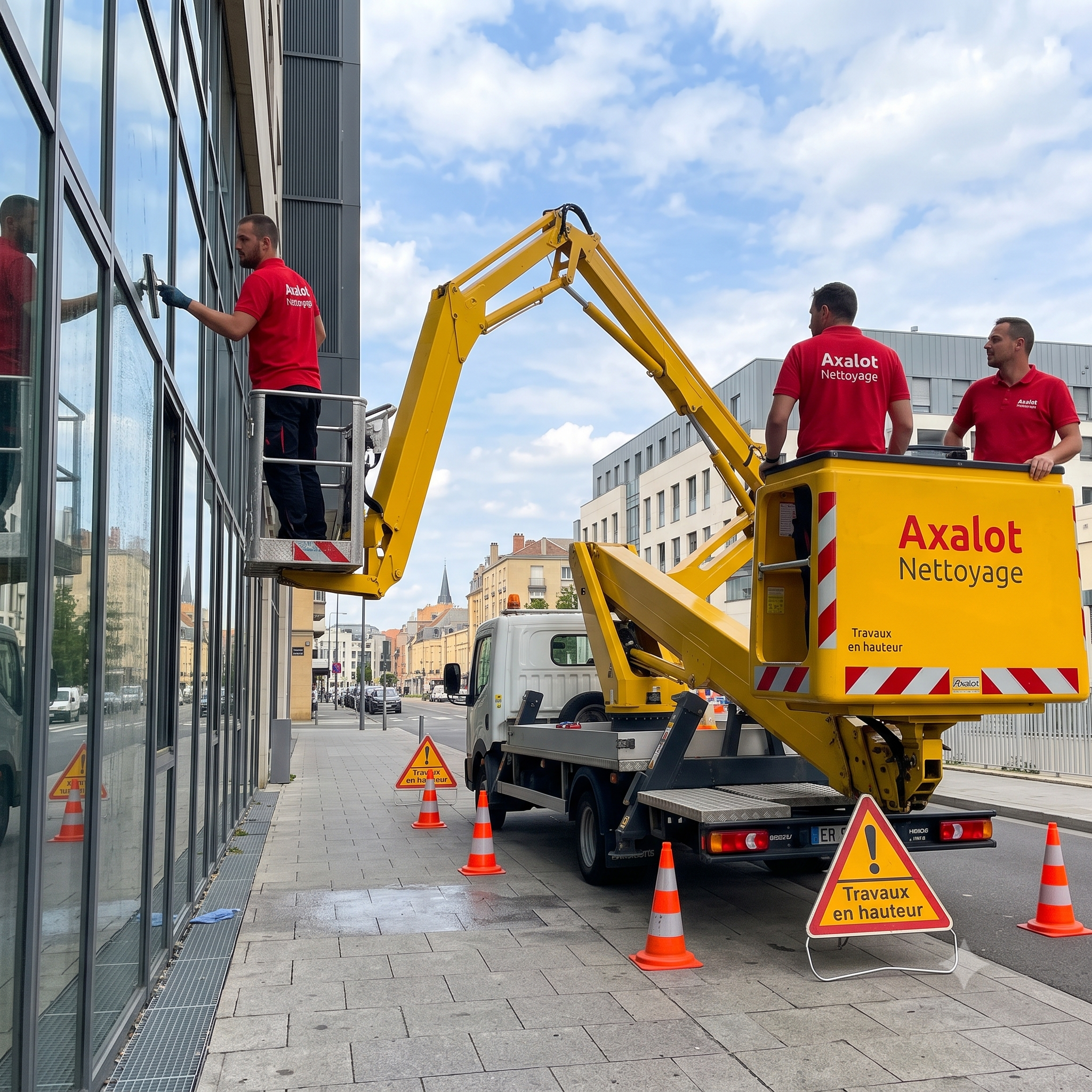 Laveurs de vitres professionnels de l'entreprise Axalot en polo rouge, effectuant le nettoyage de vitres en hauteur à l'aide d'une nacelle jaune sur un bâtiment en Moselle et Meurthe-et-Moselle