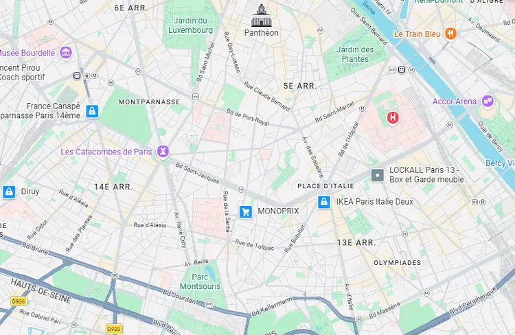 Carte de la zone d'intervention de Vincent Olive, coach de boxe à domicile, Paris 5e, 13e et 14e arrondissements