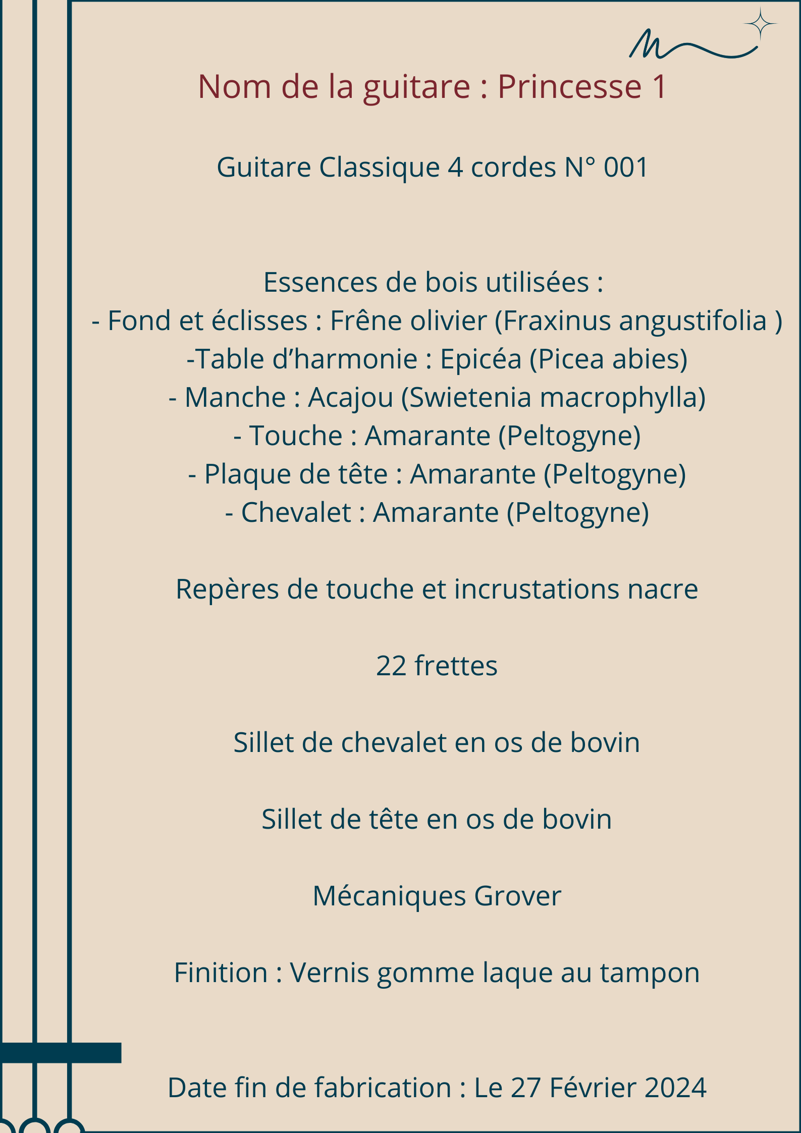 Anom de la guitare princesse 1 guitare classique 4 cordes n 001 essences de bois utilisees fond et eclisses frene olivier fraxinus angustifolia table d harmonie epicea picea abies m