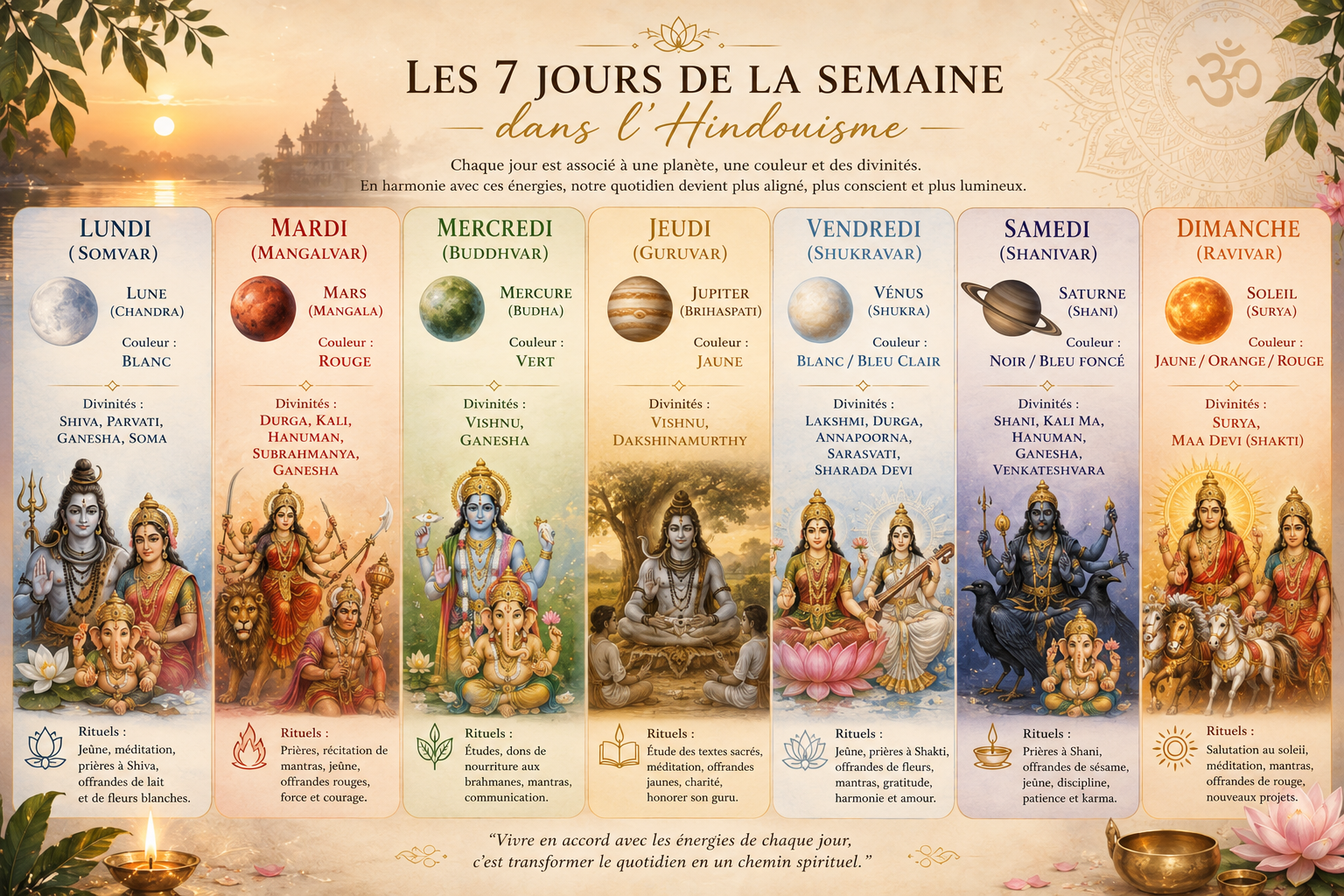 Les couleurs, les planètes et les divinités associées aux jours de la semaine