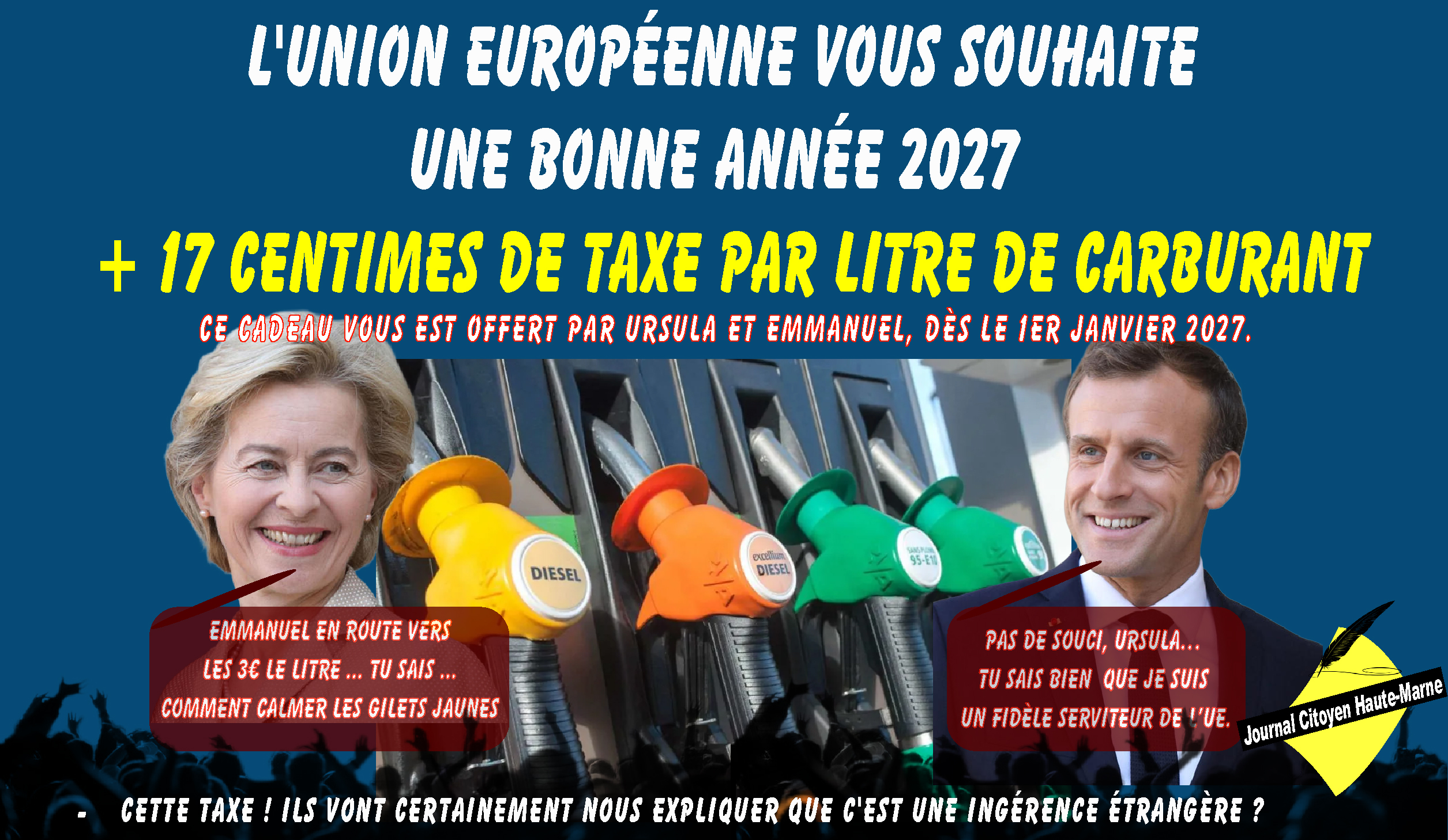 Taxe +0,17 € par litre de carburant — Bonne année 2027 de l’UE