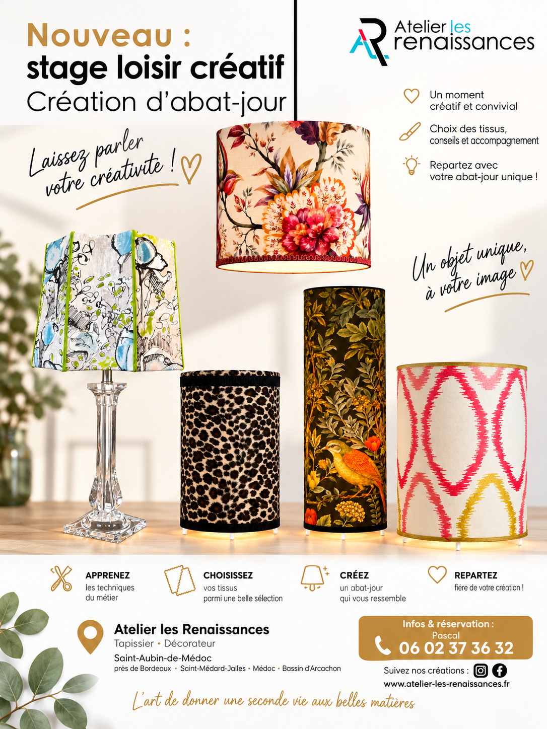 Atelier les renaissances tapissier saint medard en jalles tapissier bordeaux eysines stage abat jour loisirs creatif relooking meubles renovation fauteuil