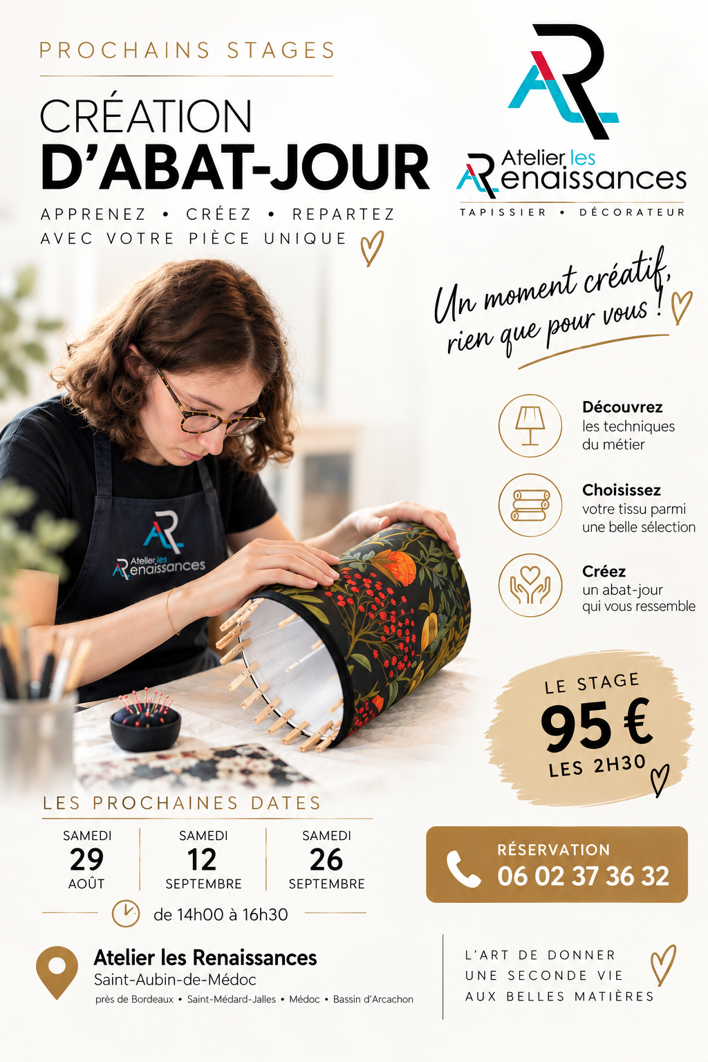 Atelier les renaissances tapissier decorateur tapissier bordeaux saint medard jalles lacanau andernos stage loisir stage abat jour