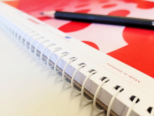 Cette image représente la photo en gros plan d'un cahier à spirales. La couberture du cahier est rose clair avec des gros coeurs rouges. Un crayon à papier noir est posé dessus.