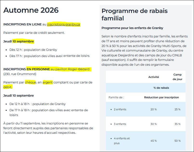 GRANBY AUTOMNE 2026 - INSCRIPTIONS LOISIRS 

