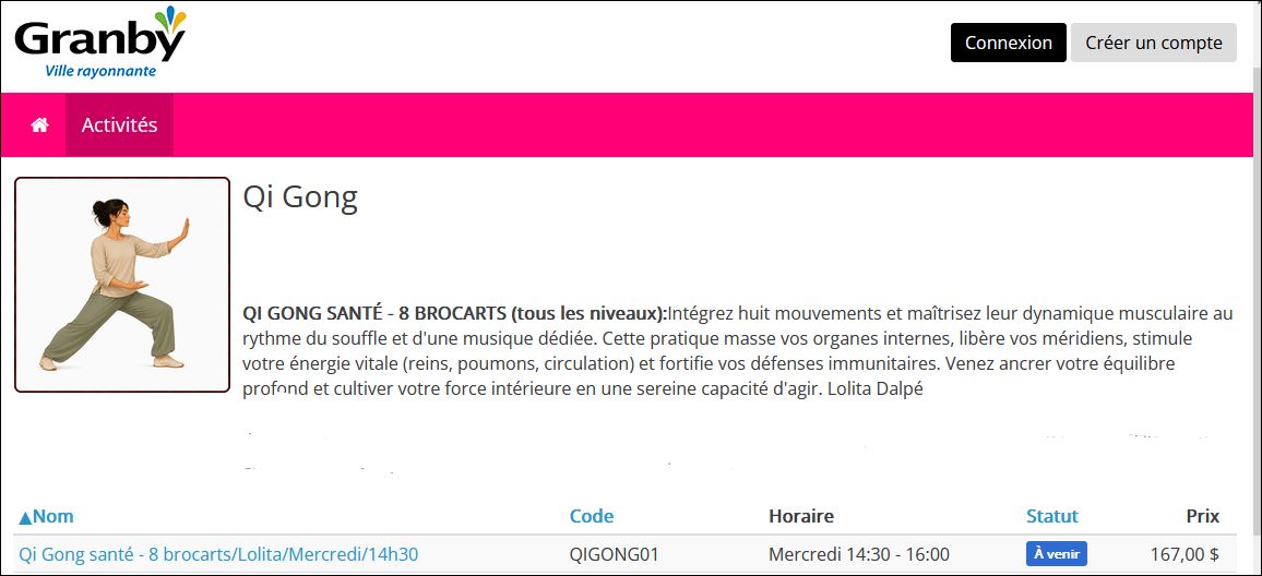GRANBY Automne 2026  - QI GONG SANTÉ  8 brocarts - description 

