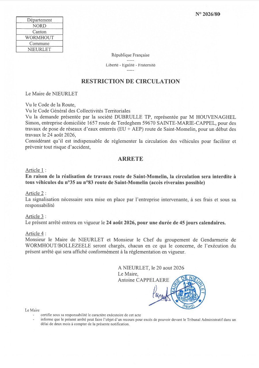 Arrete travaux route saint momelin assainissement