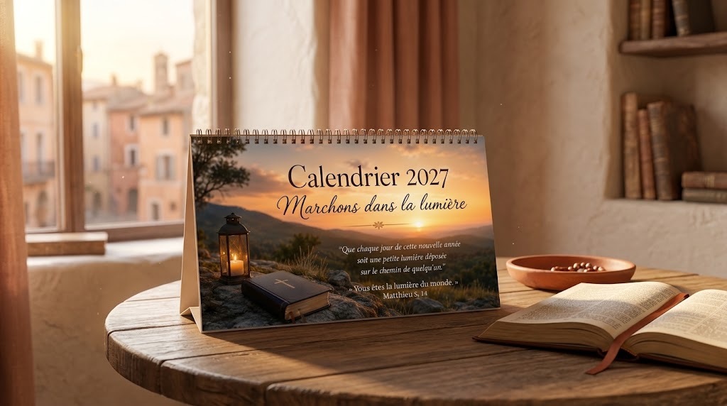un calendrier sur une table avec une bible