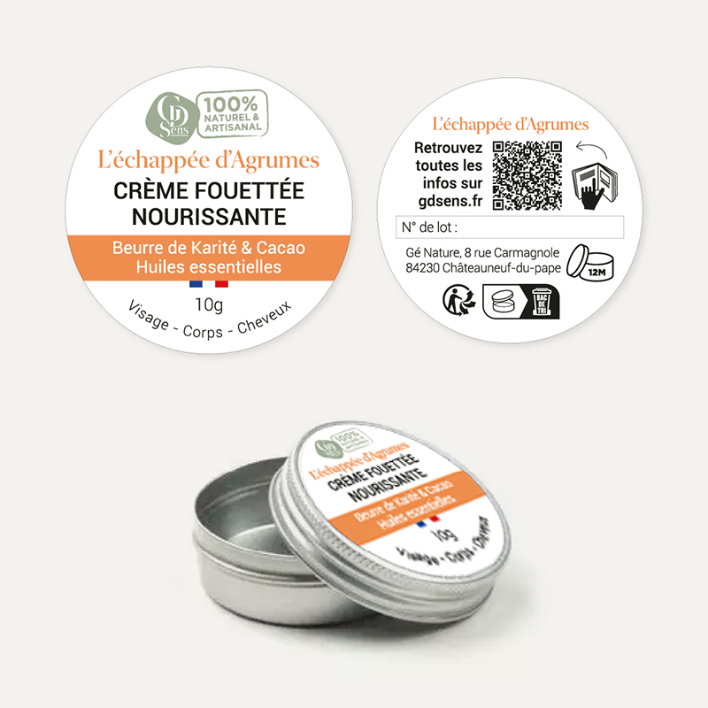 Exemple d'étiquette créée pour GD Sens, produits cosmétiques naturels