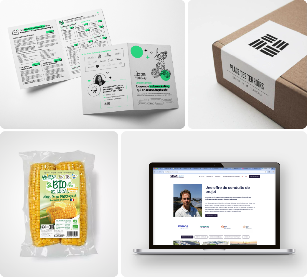 Aperçu de quatre projets d'identité visuelle, supports de communication et web design réalisés par L'italique - Studio graphique
