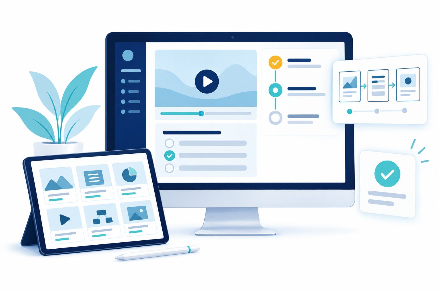 Illustration de supports de formation digitale : module e-learning, vidéo, quiz et storyboard