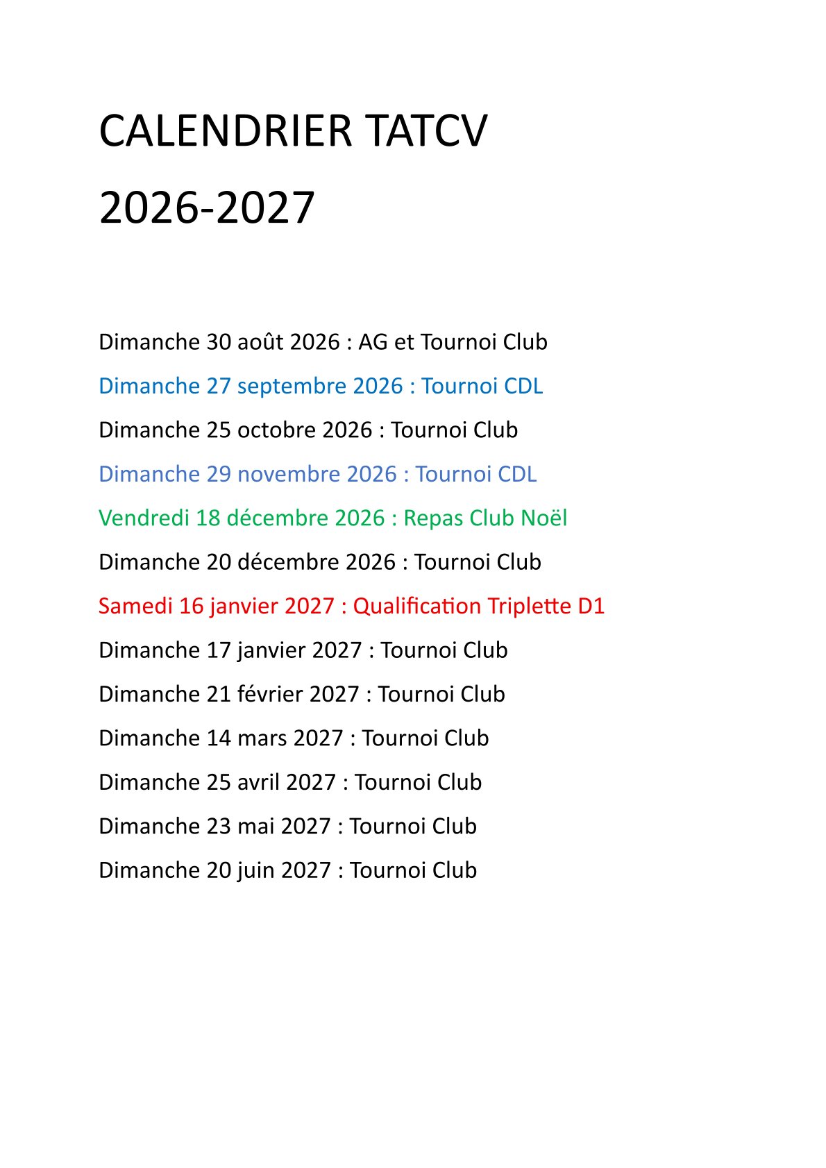 Calendrier tournoi TATCV 26 27
