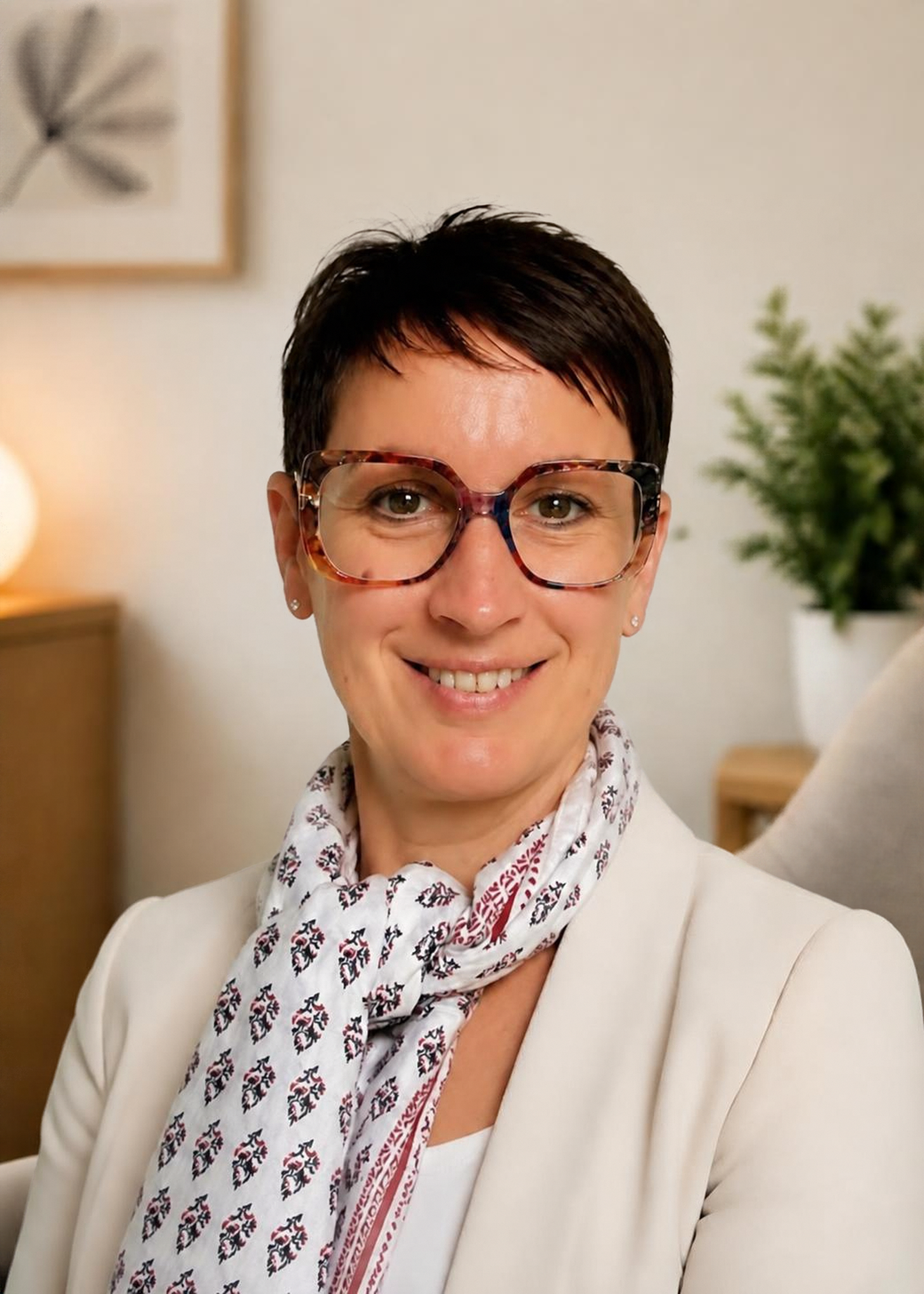 Portrait souriant de Anne Faubladier, thérapeute en Feng Shui tibétain, avec fond clair, plante et lampe