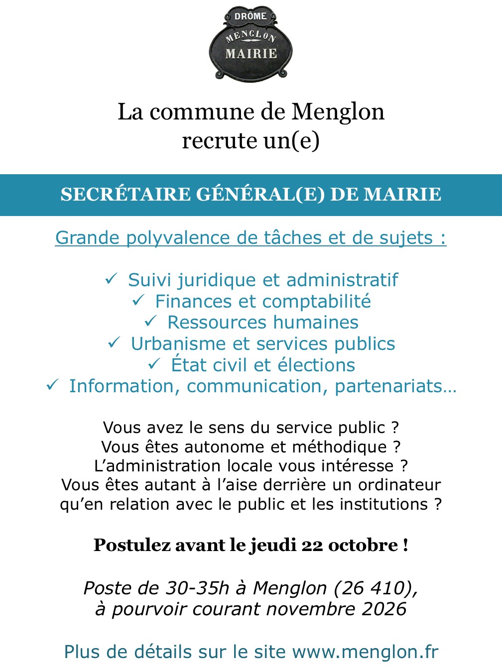 Recrutement - Secrétaire générale de Mairie