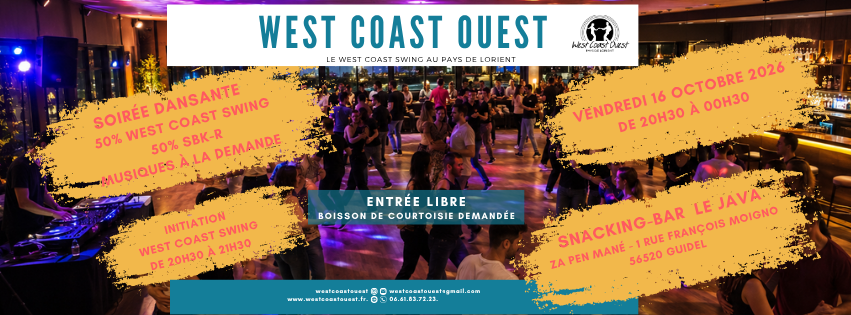 Soirée dansante West Coast Ouest le vendredi 16 octobre 2026 de 20h30 à 00h30 au Java, à Guidel : initiation au west coast swing de 20h30 à 21h30, entrée libre