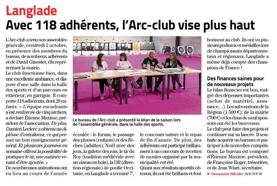 L’Arc Club de Langlade à l’honneur dans Midi Libre