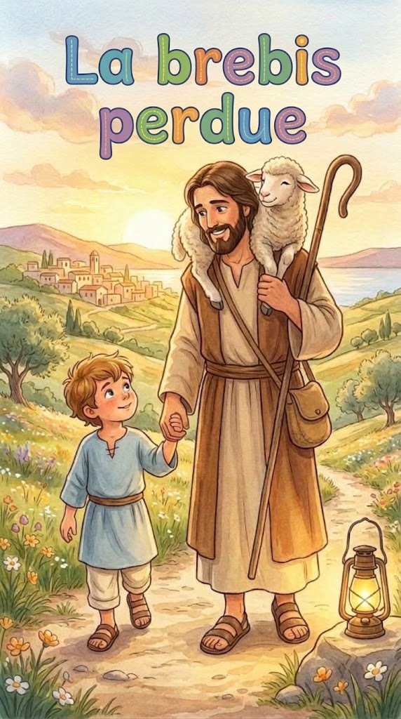 jésus porte une brebis avec un enfant à ses côté qui lui tient la main