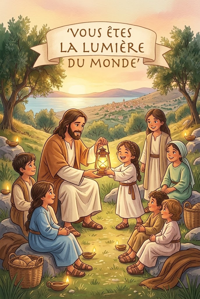 jésus avec des enfants autour de lui, une petite fille qui tient une lanterne