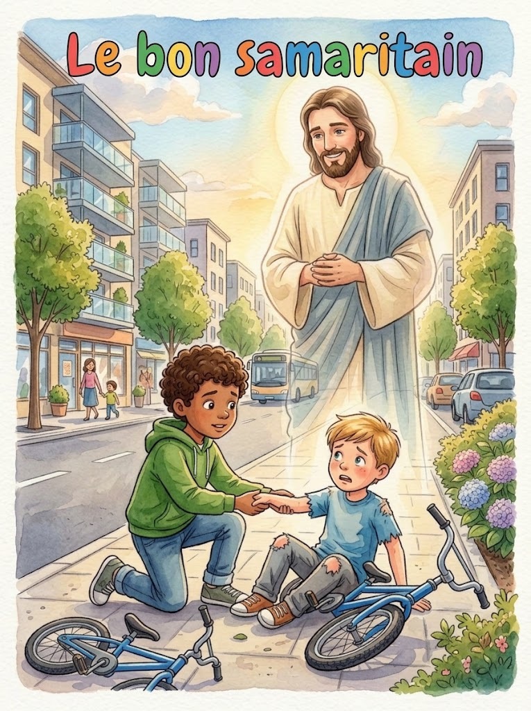 un petit garçon qui tombe de vélo, un petit garçon qui l'aide avec jésus derrière