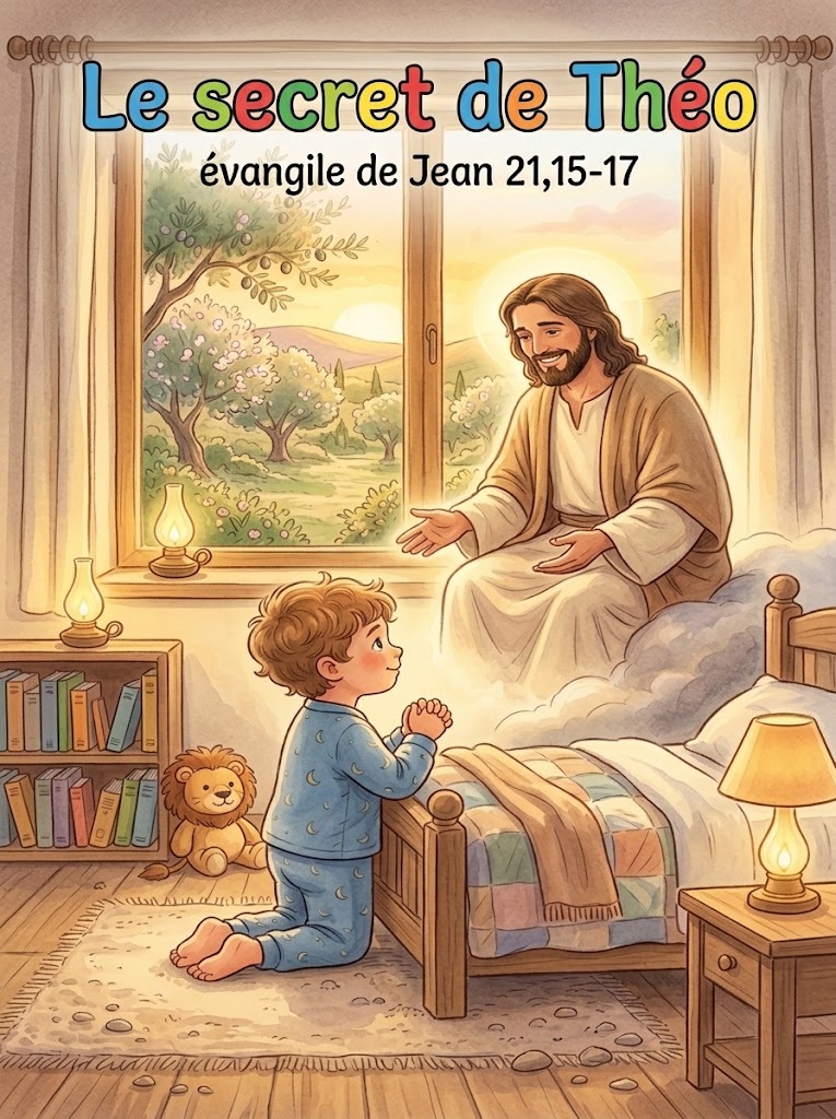 un petit garçon qui prie devant son lit et jésus est assis à côté