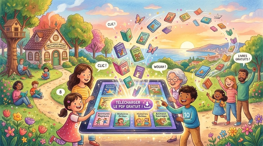 des enfants et des adultes qui cliquent pour télécharger des livres sur une tablettes