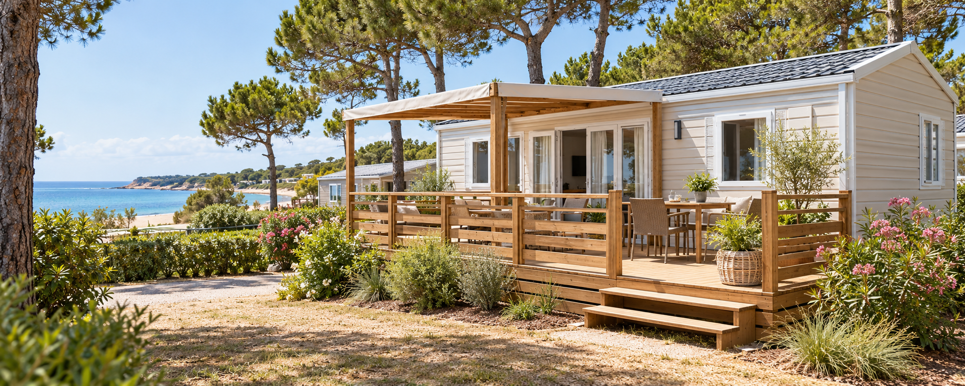 Mobil-home et terrasse dans un environnement de camping littoral