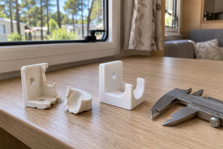 Illustration d’un support de rideau cassé et de sa reproduction en impression 3D Illustration d’un support de rideau cassé et de sa reproduction en impression 3D