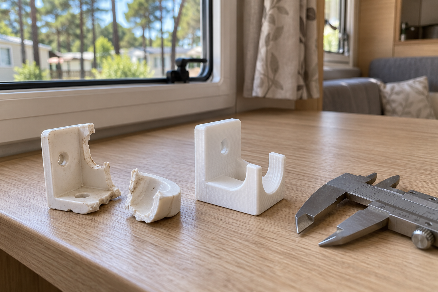 Illustration d’un support de rideau cassé et de sa reproduction en impression 3D