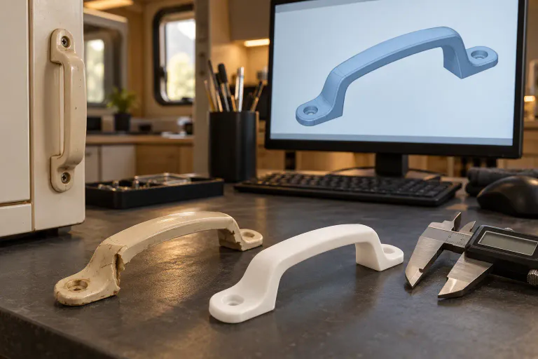 Illustration de la rétro-conception d’une poignée de meuble de mobil-home Illustration de la rétro-conception d’une poignée de meuble de mobil-home
