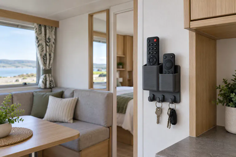 Illustration d’un rangement mural sur mesure pour télécommandes et clés dans un mobil-home Illustration d’un rangement mural sur mesure pour télécommandes et clés dans un mobil-home
