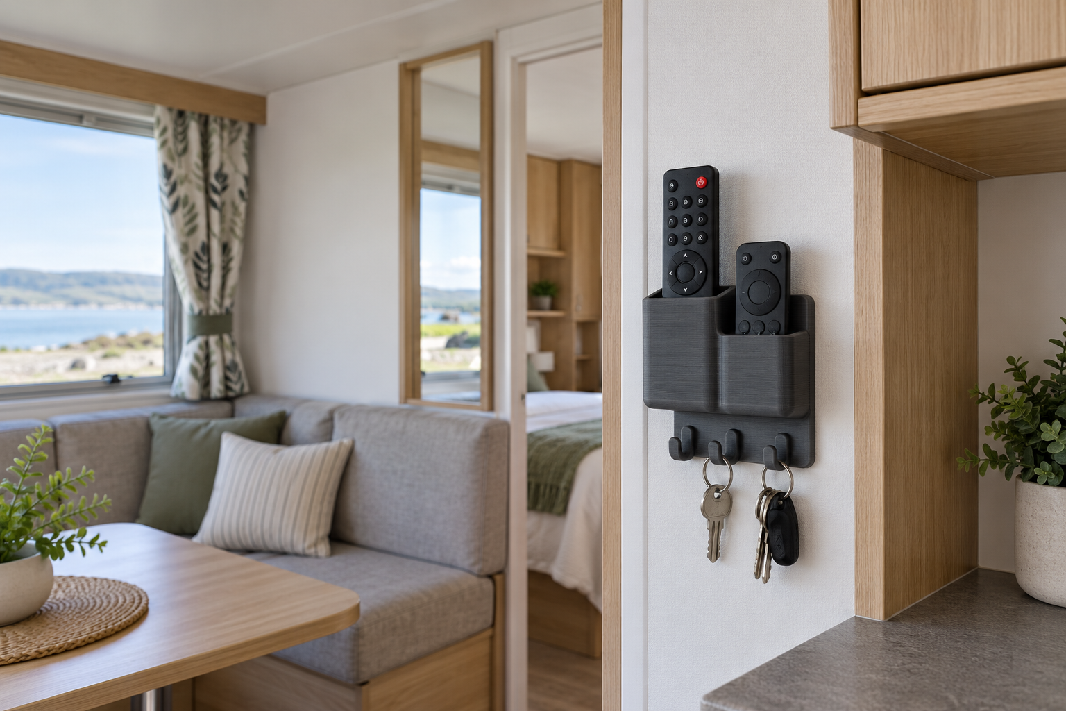 Illustration d’un rangement mural sur mesure pour télécommandes et clés dans un mobil-home