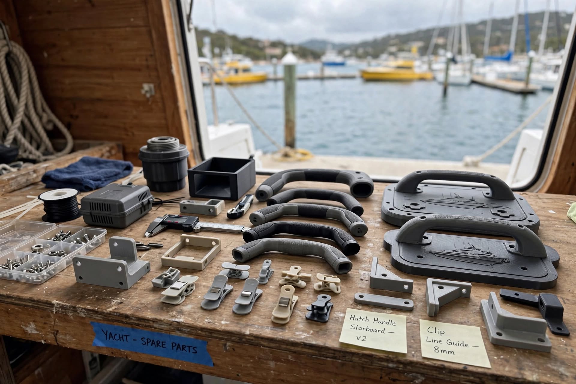Petite série de pièces de bateau imprimées en 3D Lot de pièces détachées de yacht imprimées en 3D : poignées d’écoutille, clips de guide-drisse et supports d’accastillage