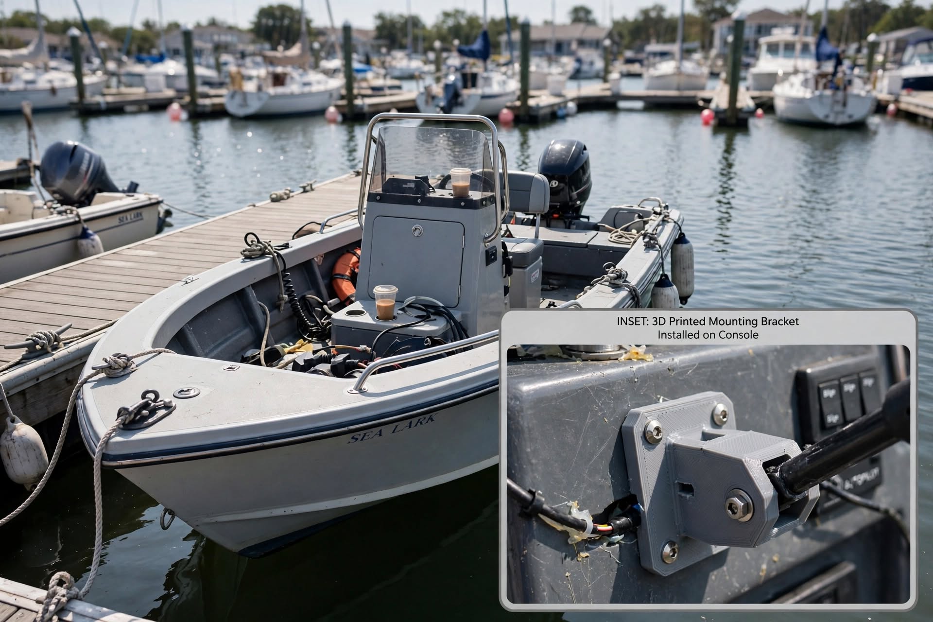 Support de console de bateau à moteur imprimé en 3D Support de fixation de console imprimé en 3D sur un bateau à moteur amarré au port