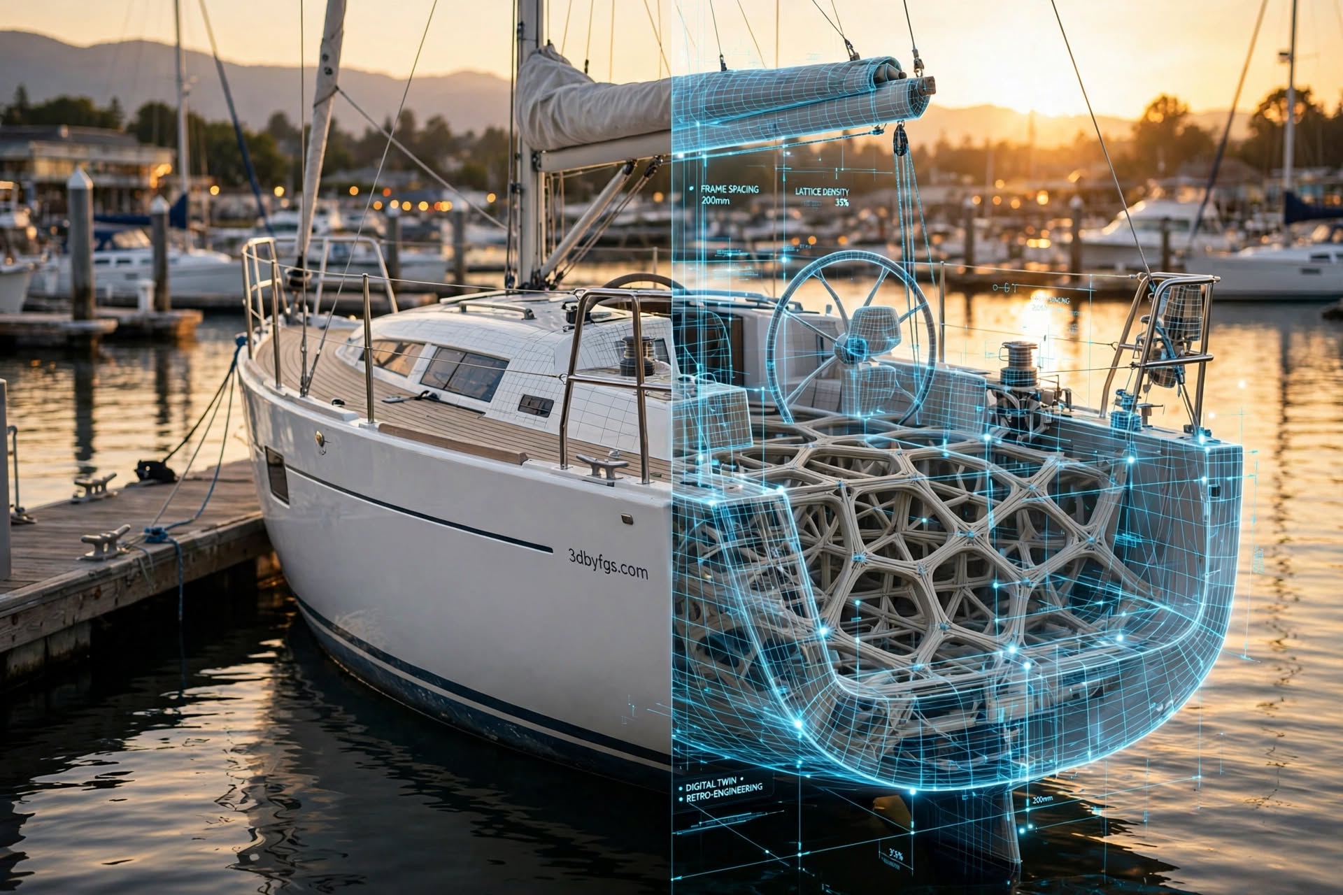 Rétro-ingénierie de pièces de bateau : du voilier au modèle 3D Voilier au port transformé en jumeau numérique : coque réelle et structure 3D pour la rétro-ingénierie nautique