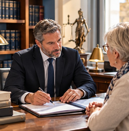 Notaire échangeant avec une cliente senior autour de documents juridiques.
