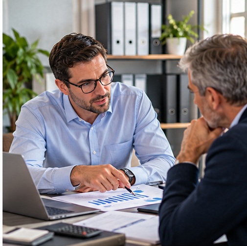 Expert-comptable analysant des documents financiers avec un chef d'entreprise.