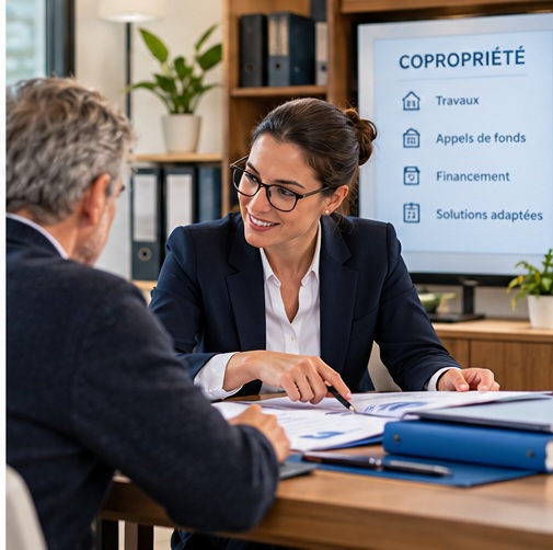 Gestionnaire de copropriété échangeant avec un client sur le financement de travaux.