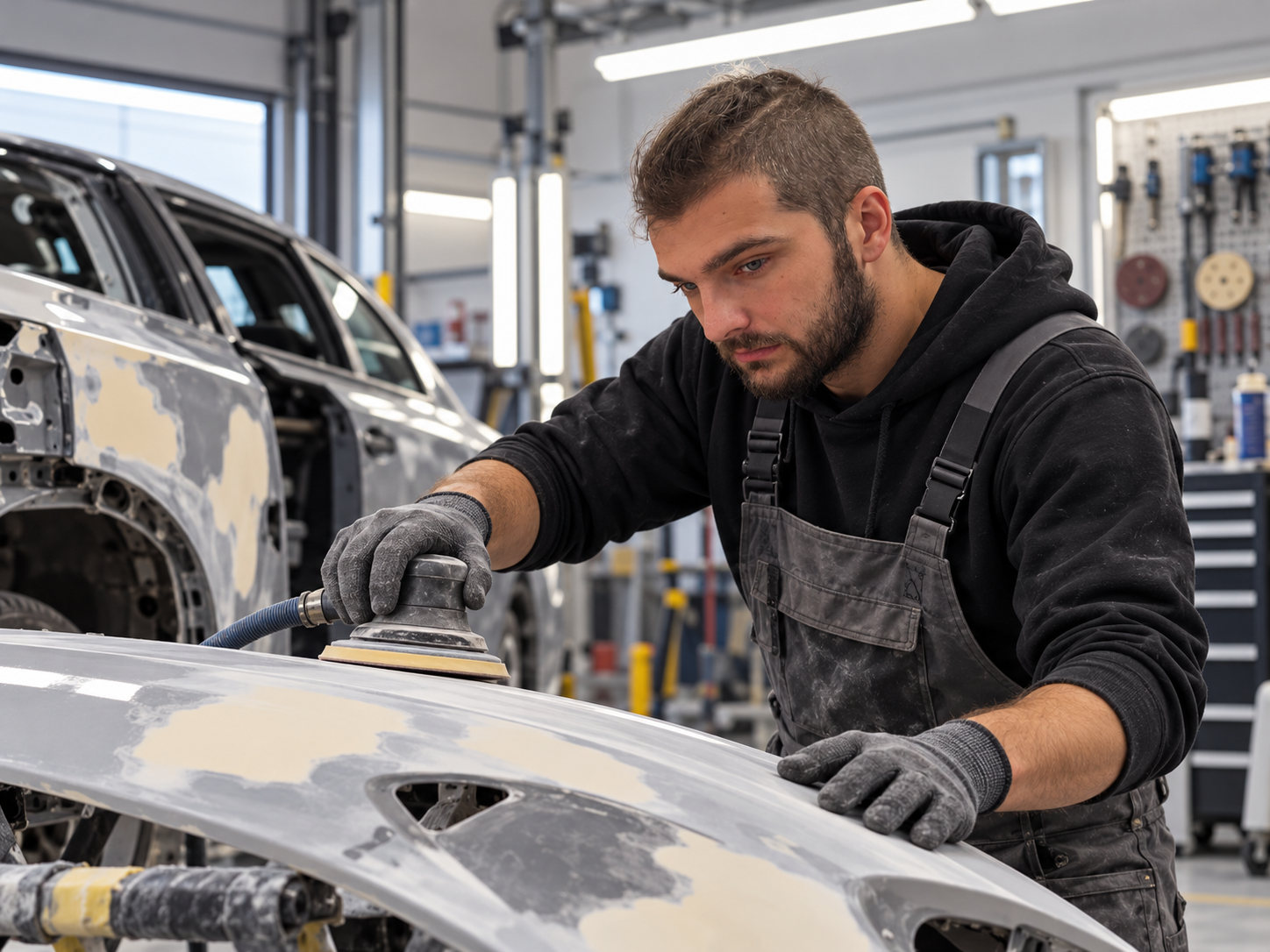 Artisan-du-garage-poncant-une-carrosserie