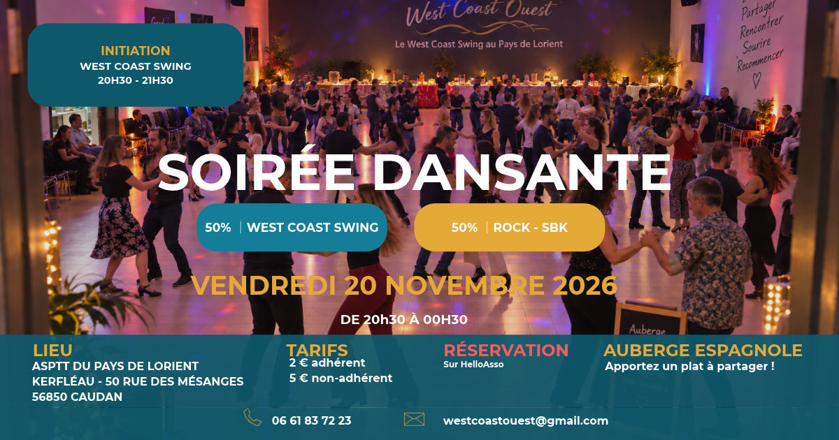 Soirée dansante West Coast Ouest le vendredi 16 octobre 2026 de 20h30 à 00h30 au Java, à Guidel : initiation au west coast swing de 20h30 à 21h30, entrée libre