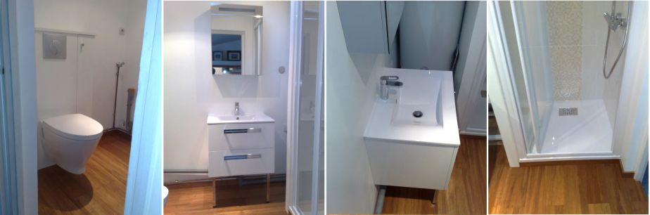 rénovation complète d'une salle d'eau avec installation douche italienne, ballon d'eau chaude, meuble vasque, wc suspendu, robinet évacuation lave linge et Parquet massif teck huilé à Nantes (44100)