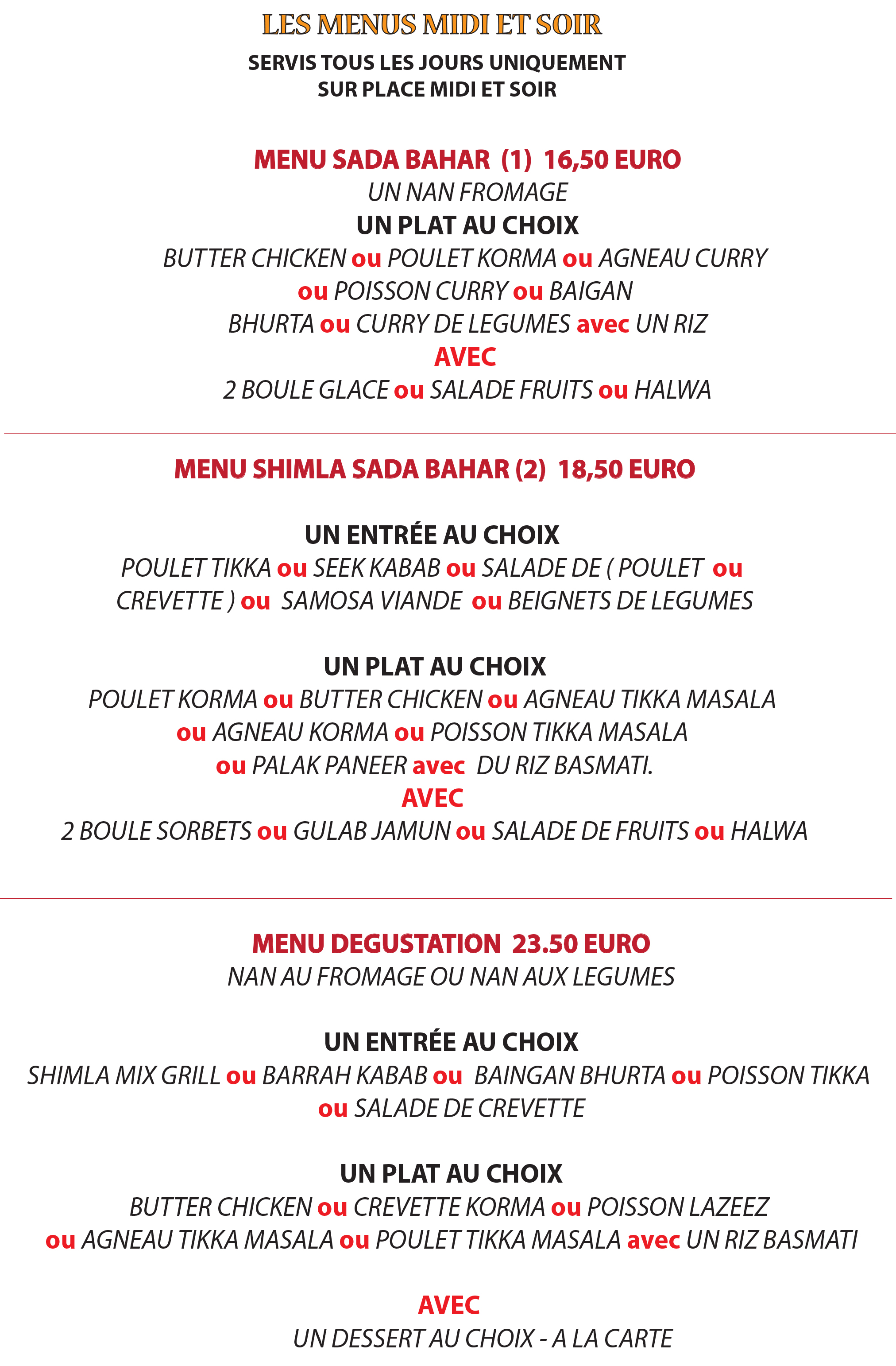 Menus midi et soir