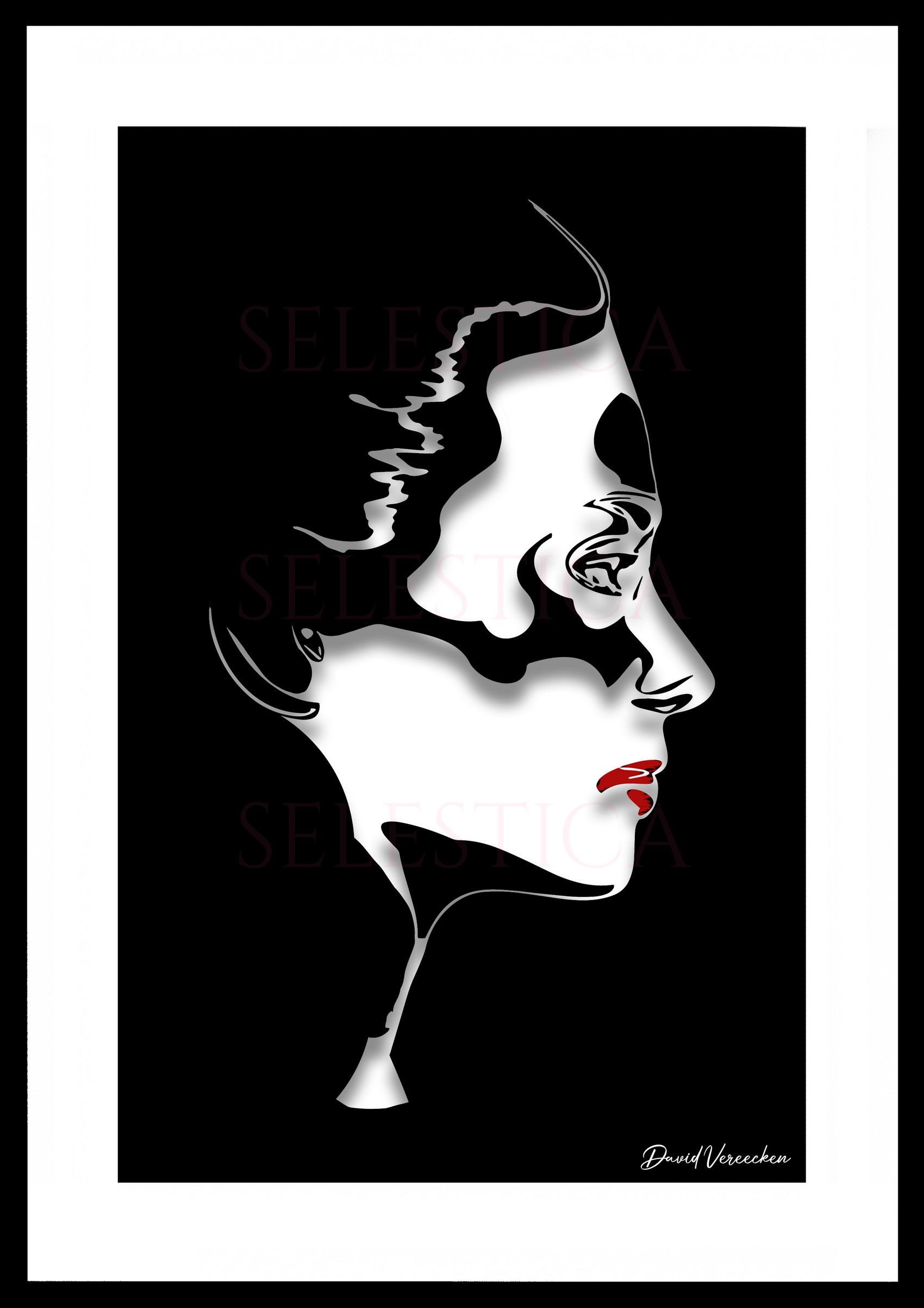 Portrait stylisé Eliane avec espace négatif et cheveux fluides sur fond noir par David Vereecken.

