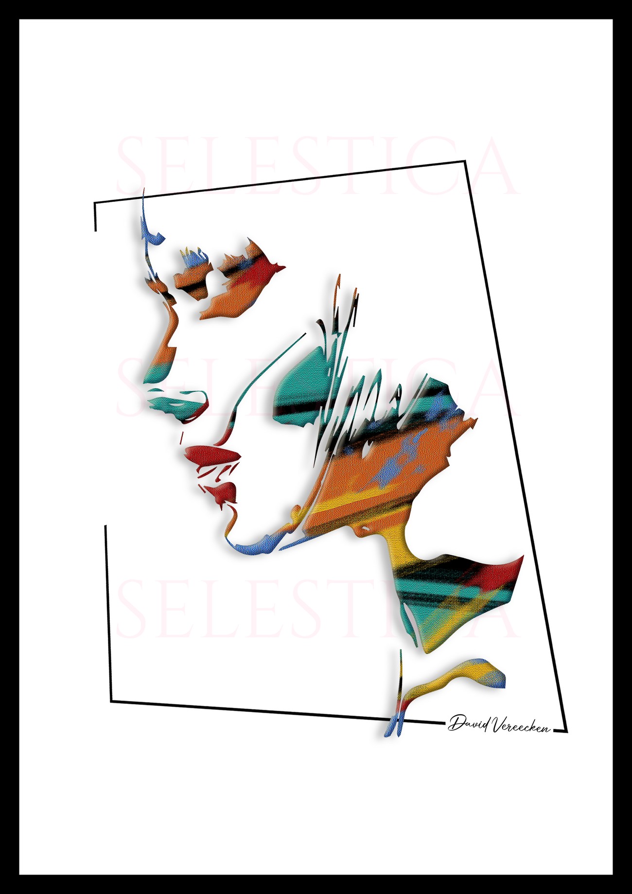 Zandrea, personnage numérique créé par David Vereecken. Profil latéral abstrait aux couleurs vives, évoquant une silhouette énigmatique.| Silhouettes and Shadows | Selestica | Art Numérique


