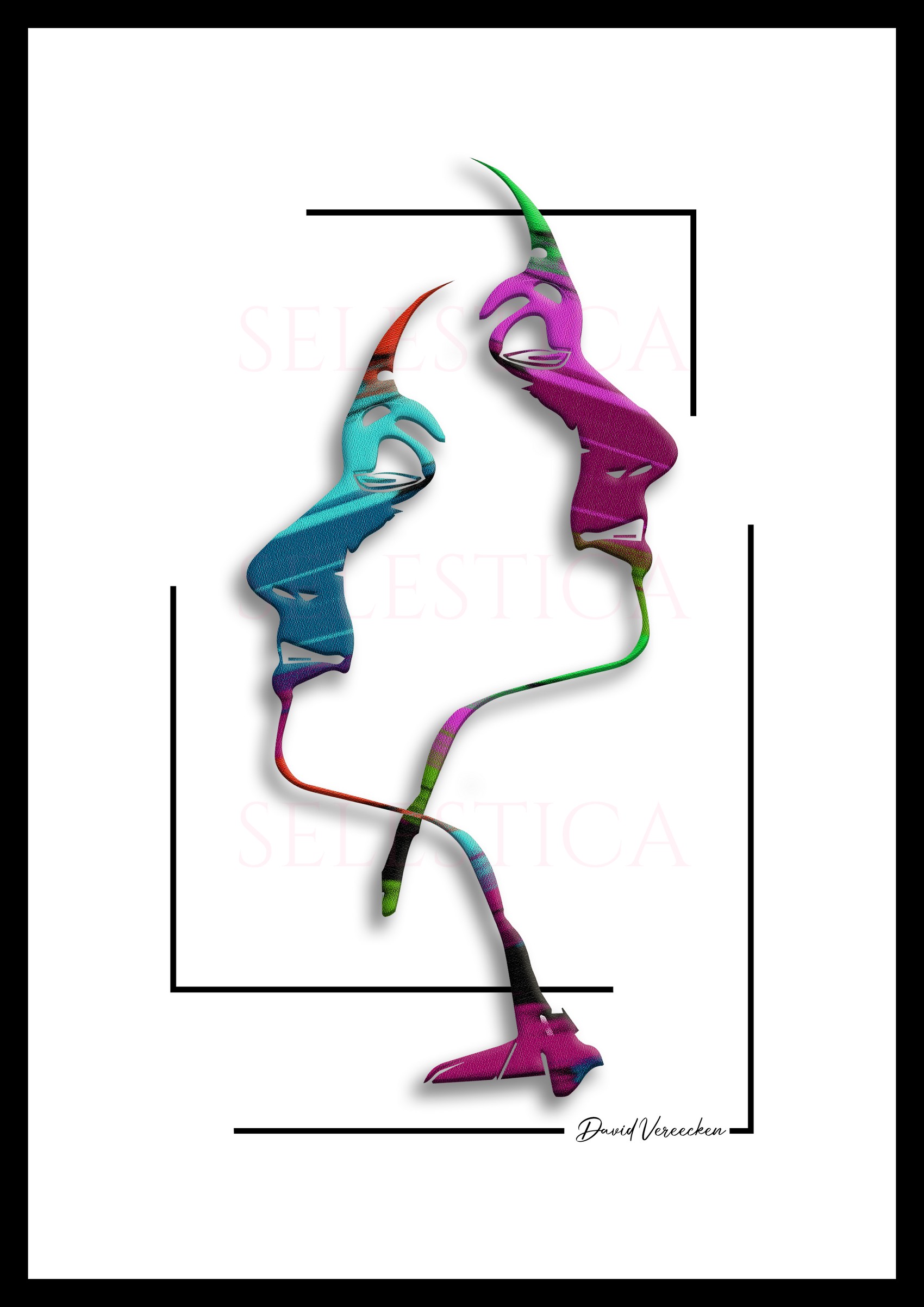 Double profil entrelacé Miya par David Vereecken évoquant une connexion humaine par des lignes colorées.

